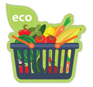 篮子里的产品购物车有益生态超市生鲜食品的水果和蔬菜产品在篮子里